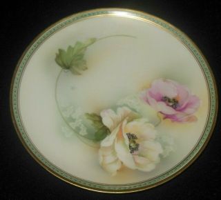 J S V Germany Hand Painted Plate Gold Border Pink And White Poppy Flowers 1911