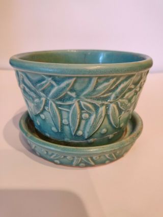 Mccoy Pottery Turquoise Hobnail And Leaves Flower Pot W/ Saucer - 5 "
