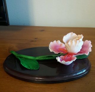 CAPODIMONTE PINK ROSE FLOWER ON GREEN LEAVES/STEM FIGURINE PORCELAIN BY FABAR 2