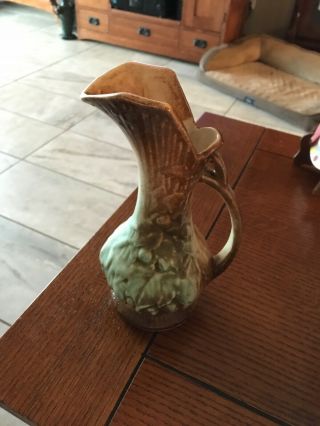 Vintage Mccoy Pottery Vase/ Pitcher Brown With Green Grapes,  No Chips Cracks.