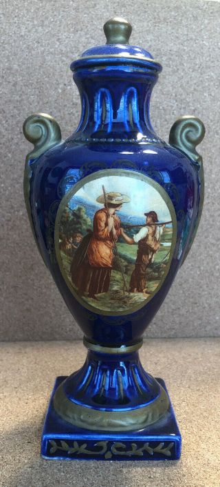 C1910 German Porcelain Urn W/ Lid - Farm Man Woman Couple Cobalt & Gilt 9”