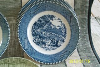 Vtg Currier Ives Blue (3) Dessert/ Bread Plates Harvest Time Vgc