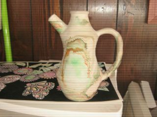 Vintage Nemadji Swirl Green & Orange Native Clay Art Pottery Pitcher Vase