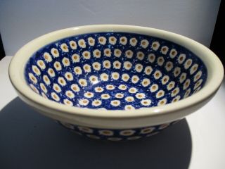 Boleslawiec Polish Pottery Blue White Yellow Dot Cereal Soup Bowl