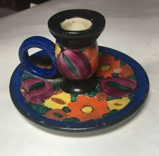 Vintage Hand Painted Floral Art Pottery Czech Candle Holder Czechoslovakia