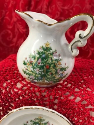 Vintage Lefton China Christmas Coffee Creamer Syrup Pitcher With Saucer 1074 2