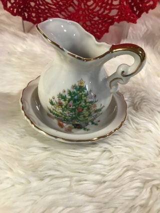 Vintage Lefton China Christmas Coffee Creamer Syrup Pitcher With Saucer 1074 5