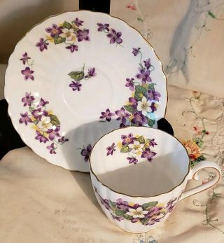 Royal Tuscan England Bone China Tea Cup And Saucer Purple And White Floral