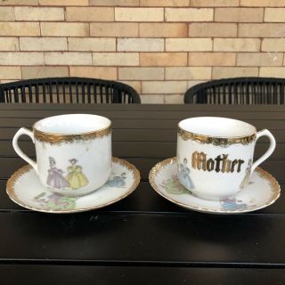 Vintage Lefton Pair (2) Cup And Saucer Hand Painted Mother Father