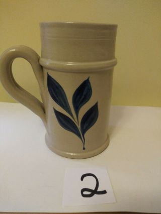 Williamsburg Pottery Stoneware Mug/stein With Blue Leaves - 5 1/2 Inches Tall