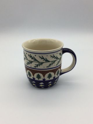 Boleslawiec Handmade In Poland Coffee Mug Blue Evergreen Pine Christmas Tree Cup