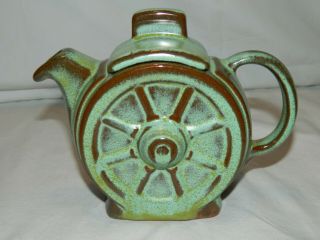 Vintage Frankoma Pottery Individual Teapot Green Wagon Wheel 94j