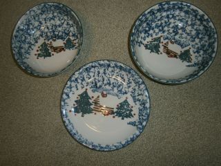 2 Cereal B0wl 6 1/2 " & 1 Plate 7 1/2 " Folk Craft Cabin In The Snow Tienshan