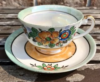 Vintage Lusterware Orange & Green Hand Painted Teacup & Saucer Set Japan