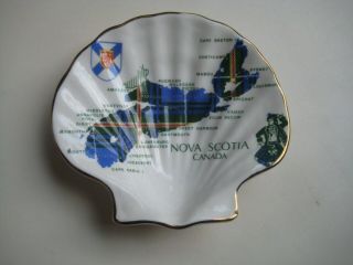 Estate Crown Warwick Porcelain Shell Dish W/map Of Nova Scotia And Tartan