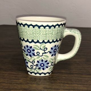 Manufaktura Boleslaweic Blue Flowers Green Basketweave Signed Polish Pottery Mug