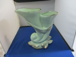 Vintage Hall Pottery Double Cornucopia Vase H - 481 Green Gold Trim 10 " Tall
