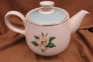 Vintage Tea Pot White Rose With Silver Banding