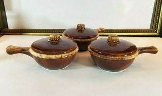 Vintage Set Of 3 Hull Brown Drip Handled French Onion Soup Chili Bowls