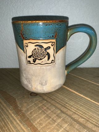 4.  5” Blue Brown & Tan Cape Shore Glazed Stoneware Pottery 16 Oz.  Turtle Cup Mug