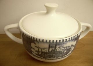 Vintage Royal China Blue Currier & Ives Sugar Bowl White Cover Steamboat