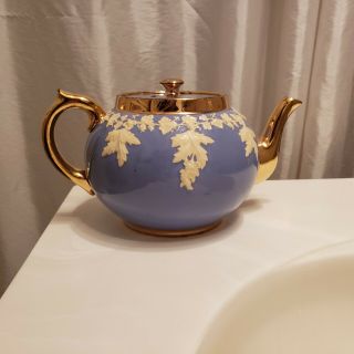 Vintage Gibson Staffordshire England Porcelain Blue W/gold & White Leaves Teapot
