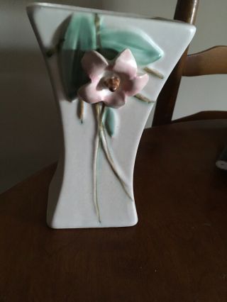 Vintage 1947 Mccoy Pottery Blossom Time Vase Matte Cream Pink Flower 8 "