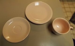 VINTAGE HOMER LAUGHLIN FIESTA WARE CUP,  SAUCER & CAKE PLATE SALMON / PINK COLOR 2