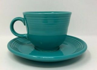 Fiesta Ware Turquoise Blue Tea Cup Mug Saucer Set Homer Laughlin Fiestaware