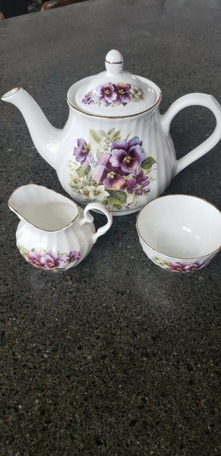 Arthur Wood And Son Teapot,  Creamer & Sugar: Purple Pansies,  Gold Trim