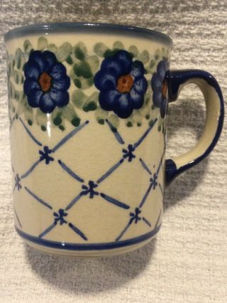 Vintage Polish Pottery 8 Oz Coffee Mug Forget Me Not Floral Pattern