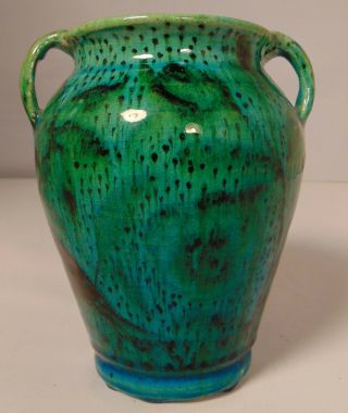 Mottled Green Turquoise Blue Persian Art Pottery Handled Vase Birds