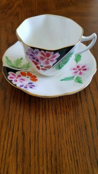 Rosina Bone China Tea Cup And Saucer Floral Pattern Octagon Shape With Swirls