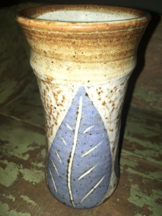 6” Handmade Signed Blue Leaf Motif Speckled Stoneware Pottery Studio Art Vase