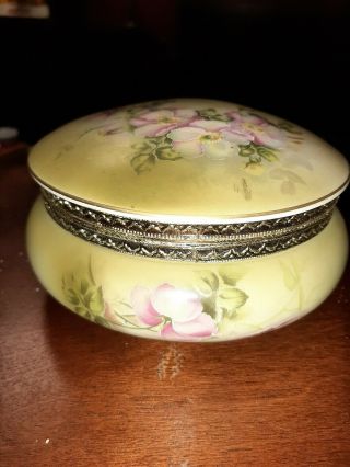Antique Hand Painted Rc Nippon Covered Green & Gold Vanity Dish