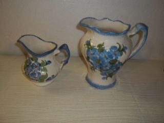 2 Cash Family/clinchfield Artware Pottery Pitchers Blue Flowers