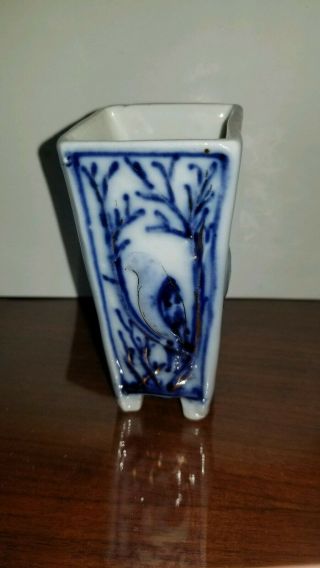 Antique Flow Blue Square Vase With Birds And Gold Accents.  4 Inches Tall.
