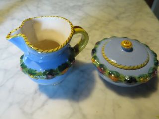 Vintage Blue Della Robbia Creamer & Sugar Bowl Set Italian Art Pottery