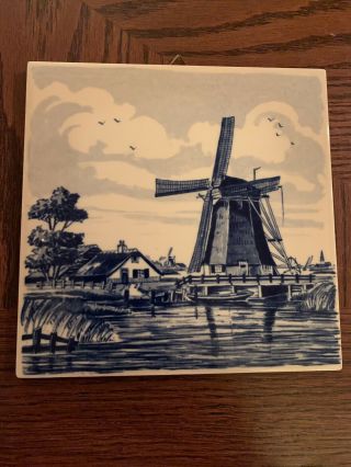 Vintage Delft Blue Hand Painted Ceramic Tile Made In Holland Windmill 6 "