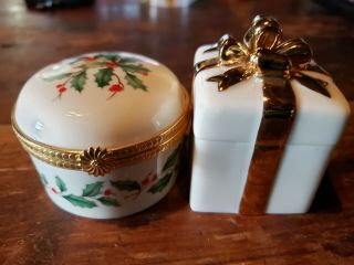 2 Lenox Christmas Holiday Trinket Box With Lid Holly Berries & Present Gold
