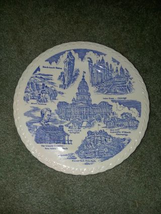 Vintage Illinois Souvenir Plate By Vernon Kilns Pottery U.  S.  A.  Blue & White Dish