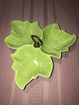 Vintage Kitch Triple Leaf Candy Dish Tidbit Tray Green Made In Usa