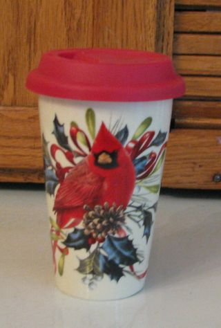 Lenox Winter Greeting Porcelain Travel Mug Cardinal Red Top