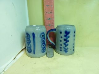 Blue And Gray Salt Glazed Stoneware Mugs Pair - No Marks,  No Damage