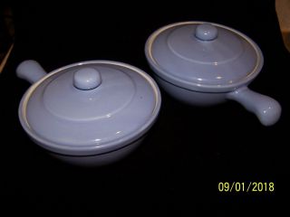 Vintage Coors Pottery Pair - Blue Individual Handled Casseroles With Lids