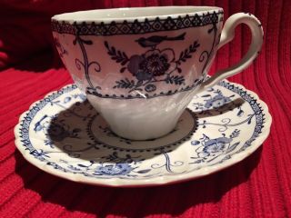 Antique Blue And White Johnson Bros Indies Pattern Teacup And Saucer