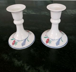 2 Lenox Poppies On Blue Pair Taper Candlesticks Candle Holders
