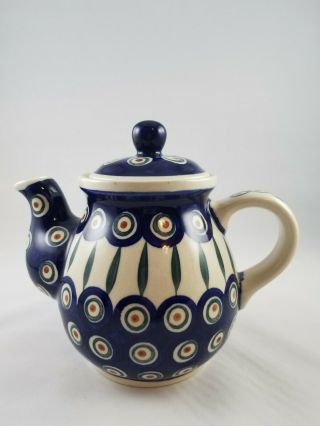 Boleslawiec Polish Pottery Unikat Blue Polka Dot Tea Pot