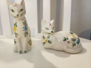 Vintage Hand - Painted Porcelain Cats By Secla Portugal - White With Flowers