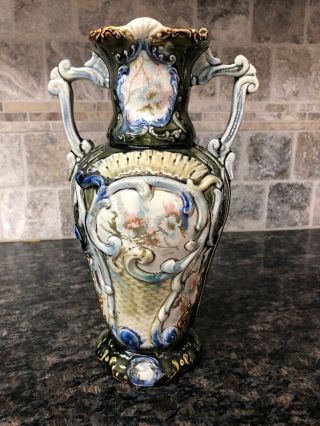 Vintage Majolica Two Handled Vase 11.  5” Floral Transfer Ware